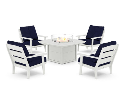 POLYWOOD® Lakeside 5-Piece Deep Seating Set with Nautical Fire Pit Table in White / Navy