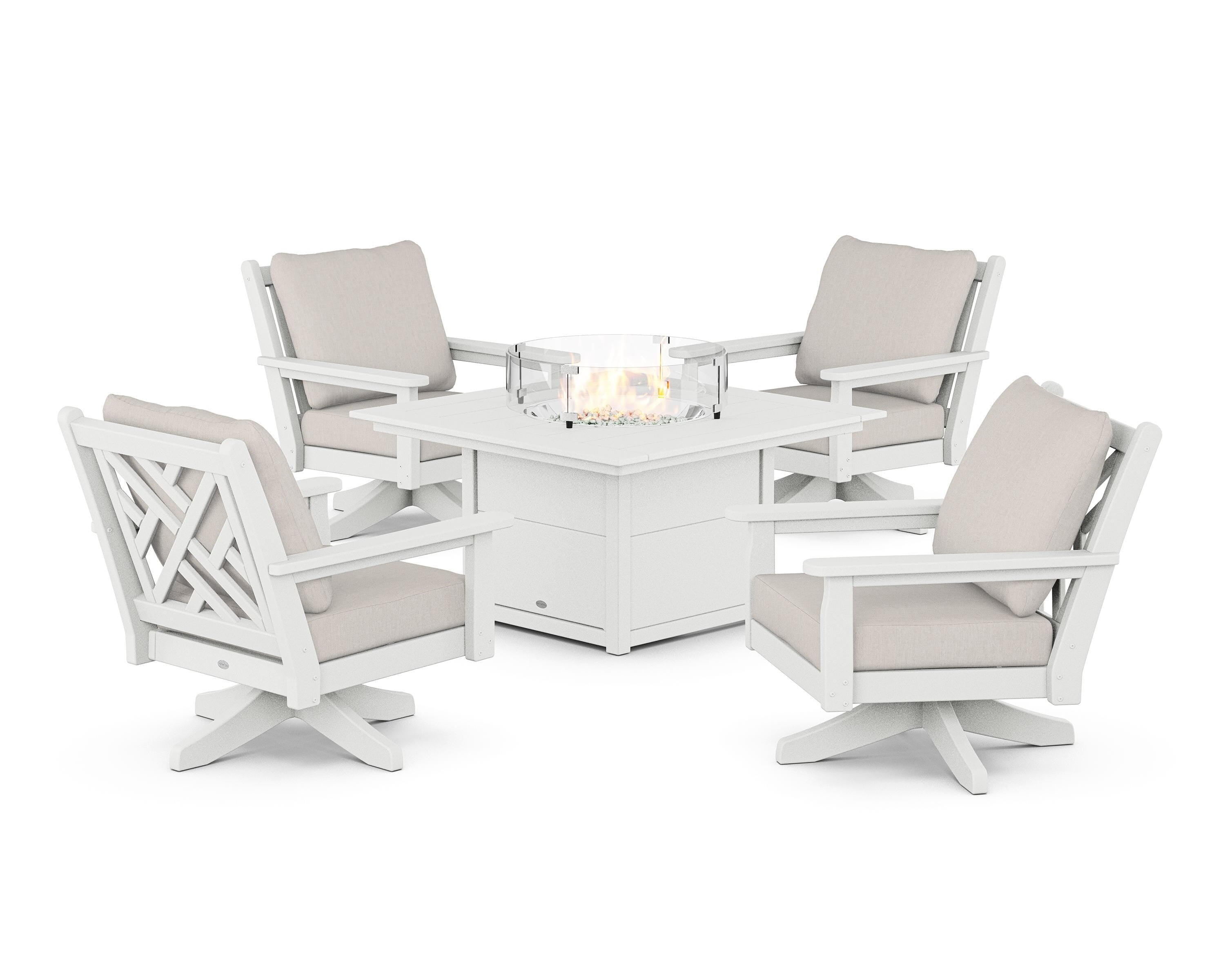 POLYWOOD® Chippendale 5-Piece Deep Seating Swivel Conversation Set with Fire Pit Table in White / Cast Ash