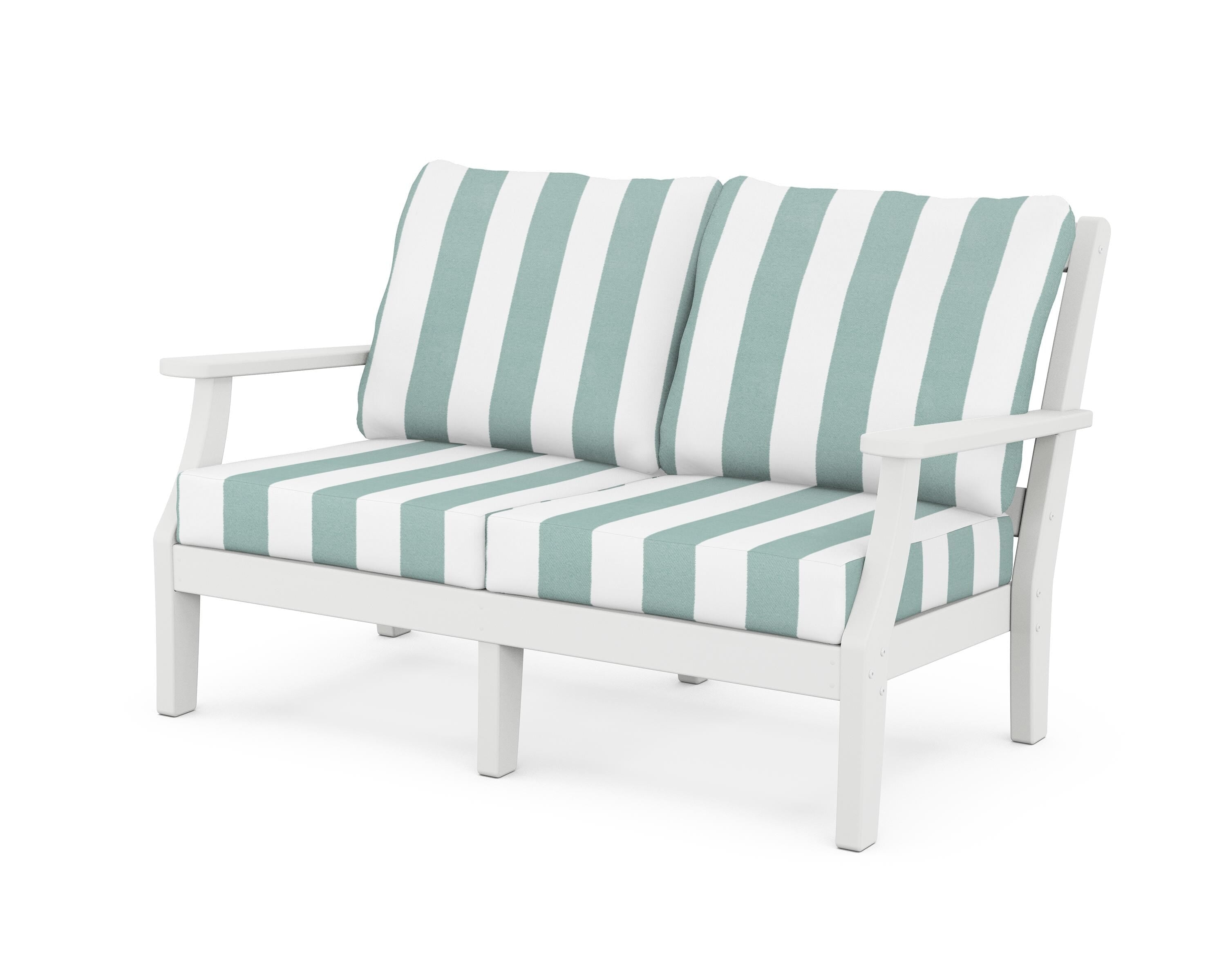 Martha Stewart by POLYWOOD® Chinoiserie Deep Seating Loveseat in White / Cabana Stripe Glacier Spa