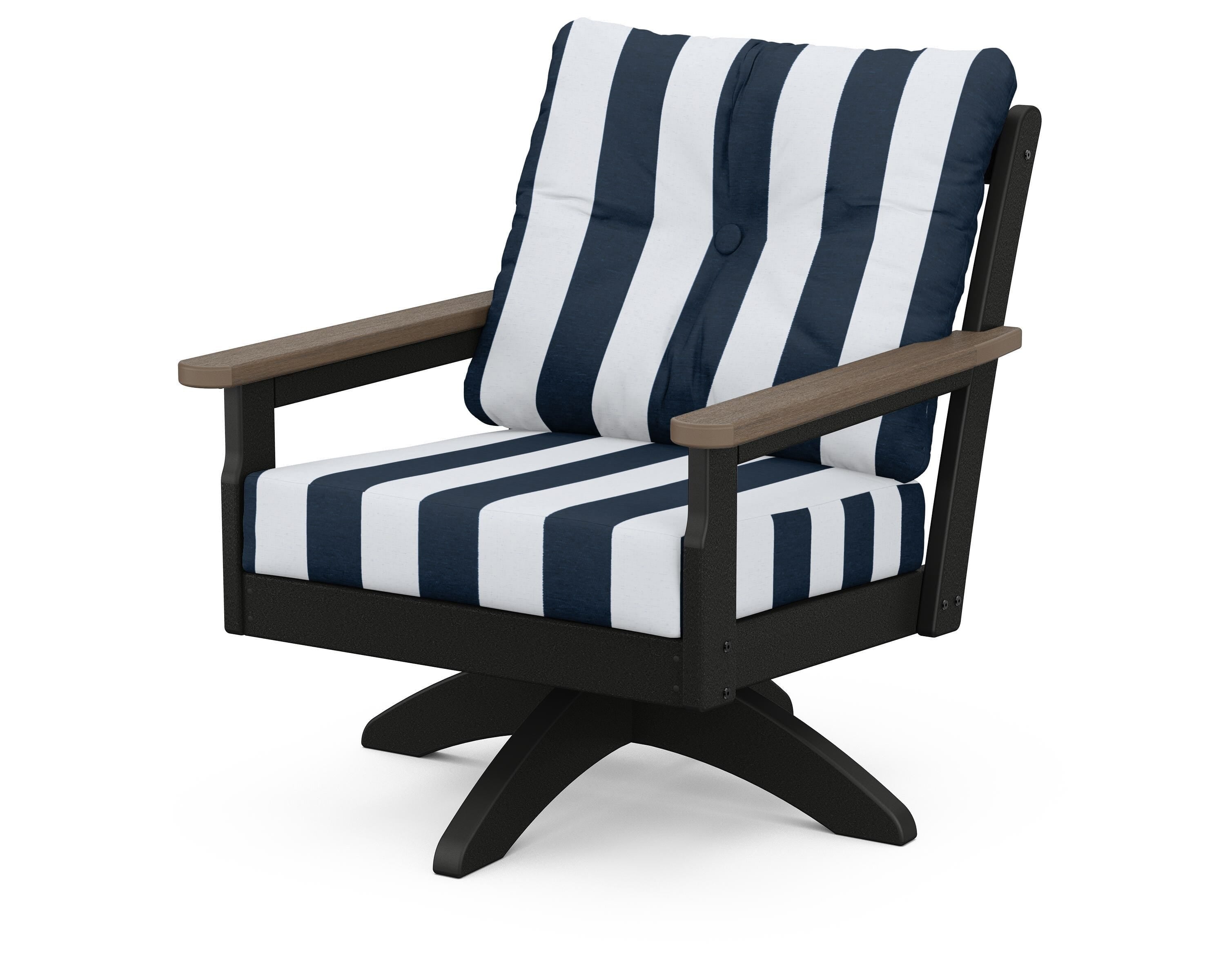 POLYWOOD® Vineyard Deep Seating Swivel Chair in Black / Kona / Cabana Stripe Marine Indigo