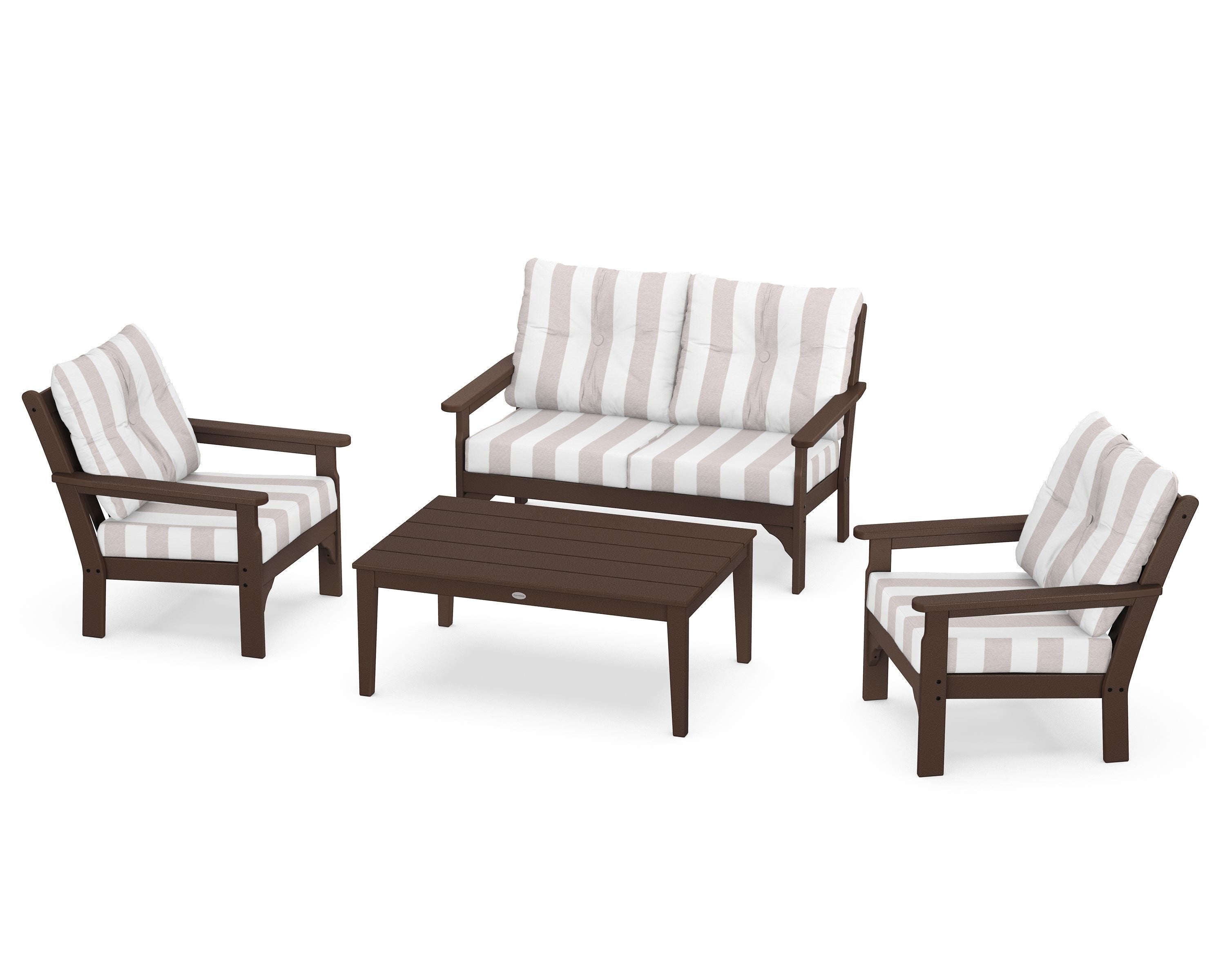 POLYWOOD® Vineyard 4-Piece Deep Seating Set in Mahogany / Cabana Stripe Dune Burlap