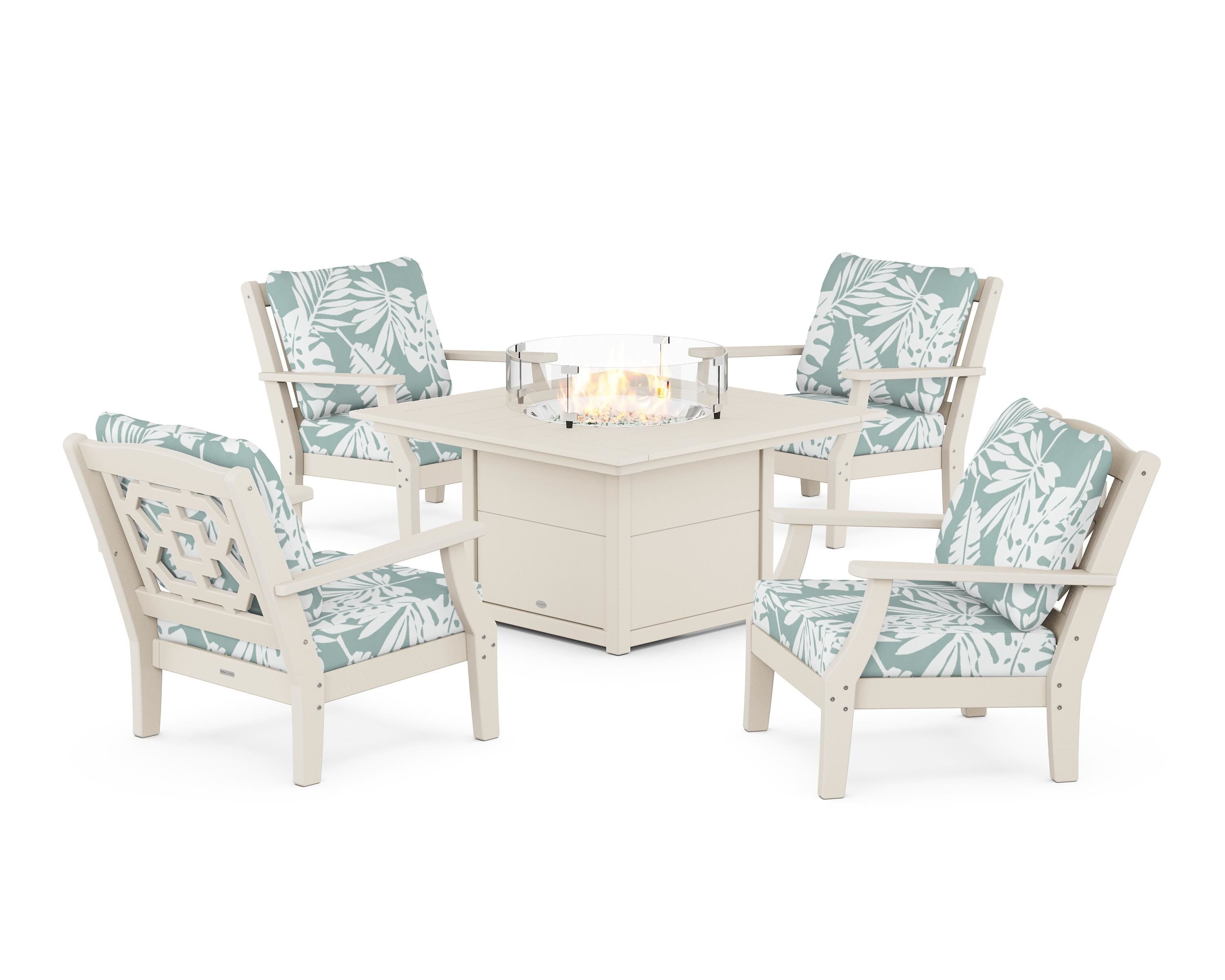 Martha Stewart by POLYWOOD® Chinoiserie 5-Piece Deep Seating Set with Fire Pit Table in Sand / Leaf Glacier Spa