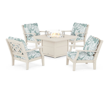 Martha Stewart by POLYWOOD® Chinoiserie 5-Piece Deep Seating Set with Fire Pit Table in Sand / Leaf Glacier Spa