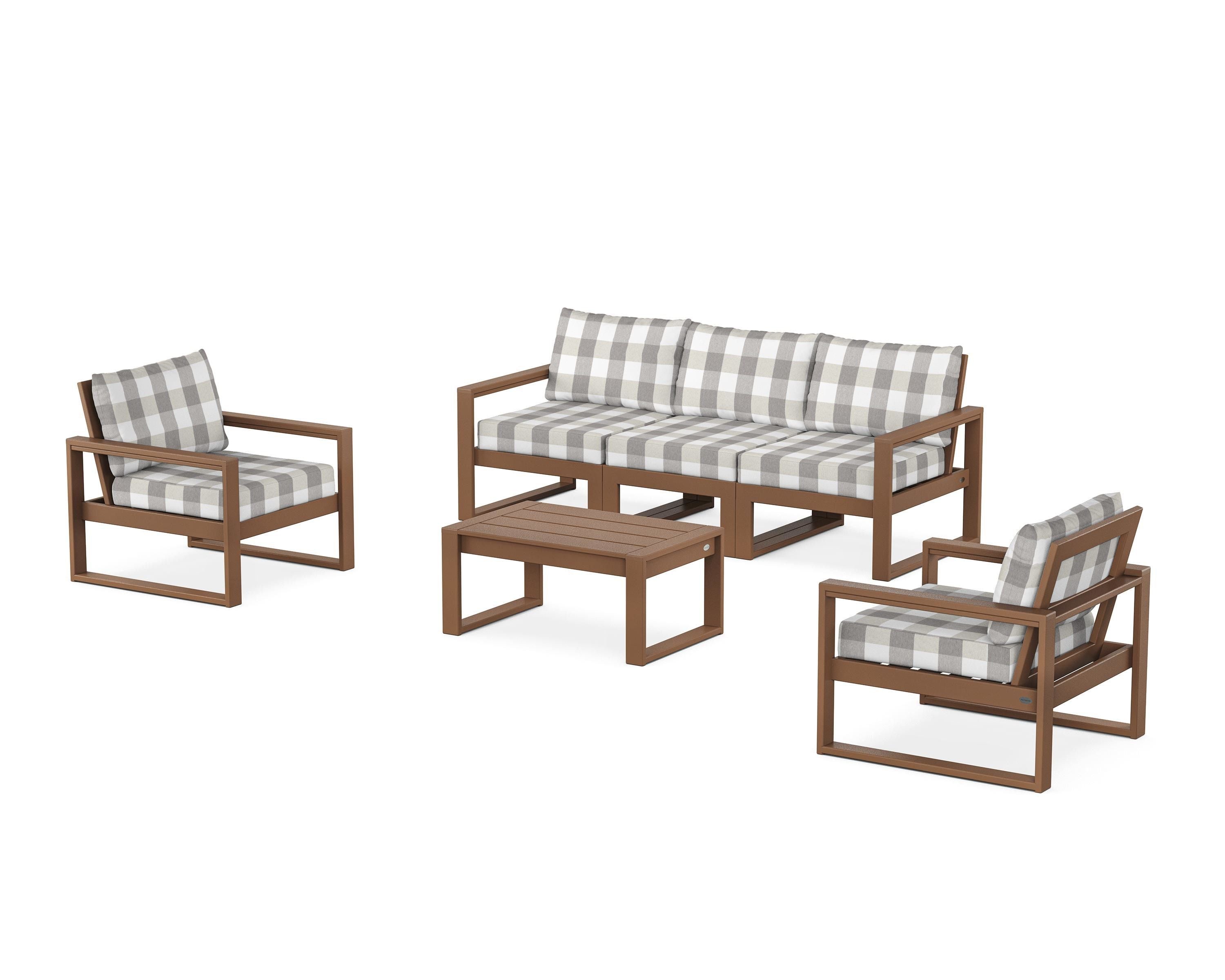 POLYWOOD® EDGE Sectional 4-Piece Deep Seating Set with Sofa in Teak / Buffalo Plaid Grey Mist