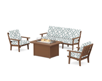 POLYWOOD® Oxford Deep Seating Fire Pit Table Set in Teak / Trellis Glacier Spa