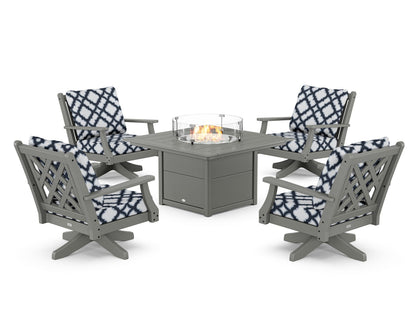 Country Living Wovendale 5-Piece Deep Seating Swivel Conversation Set with Fire Pit Table in Slate Grey / Trellis Marine Indigo