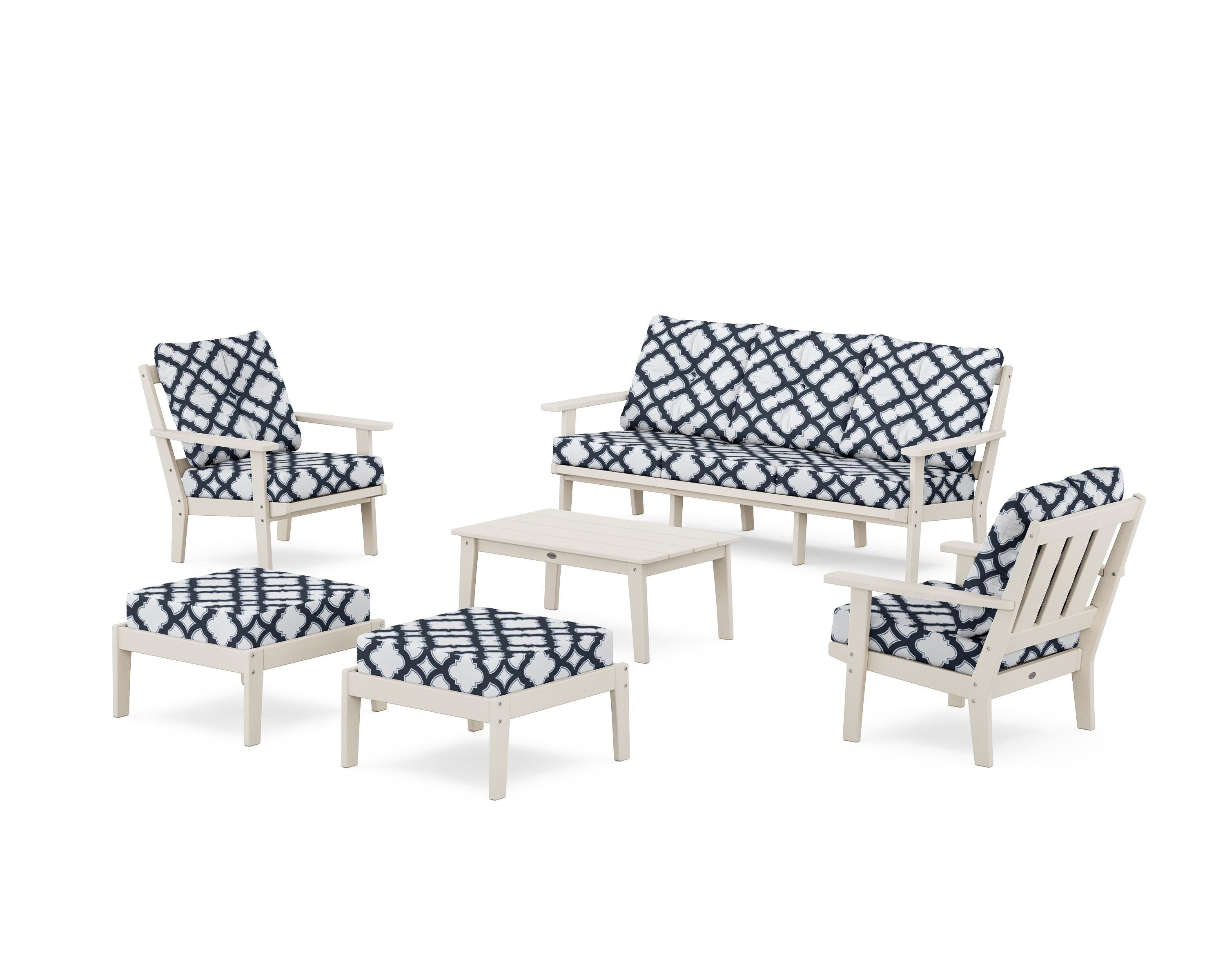 POLYWOOD® Oxford 6-Piece Lounge Sofa Set in Sand / Trellis Marine Indigo