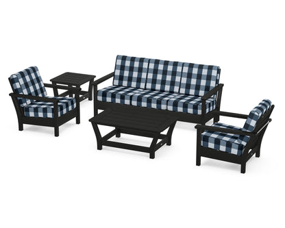 POLYWOOD® Harbour 5-Piece Deep Seating Set in Black / Buffalo Plaid Marine Indigo