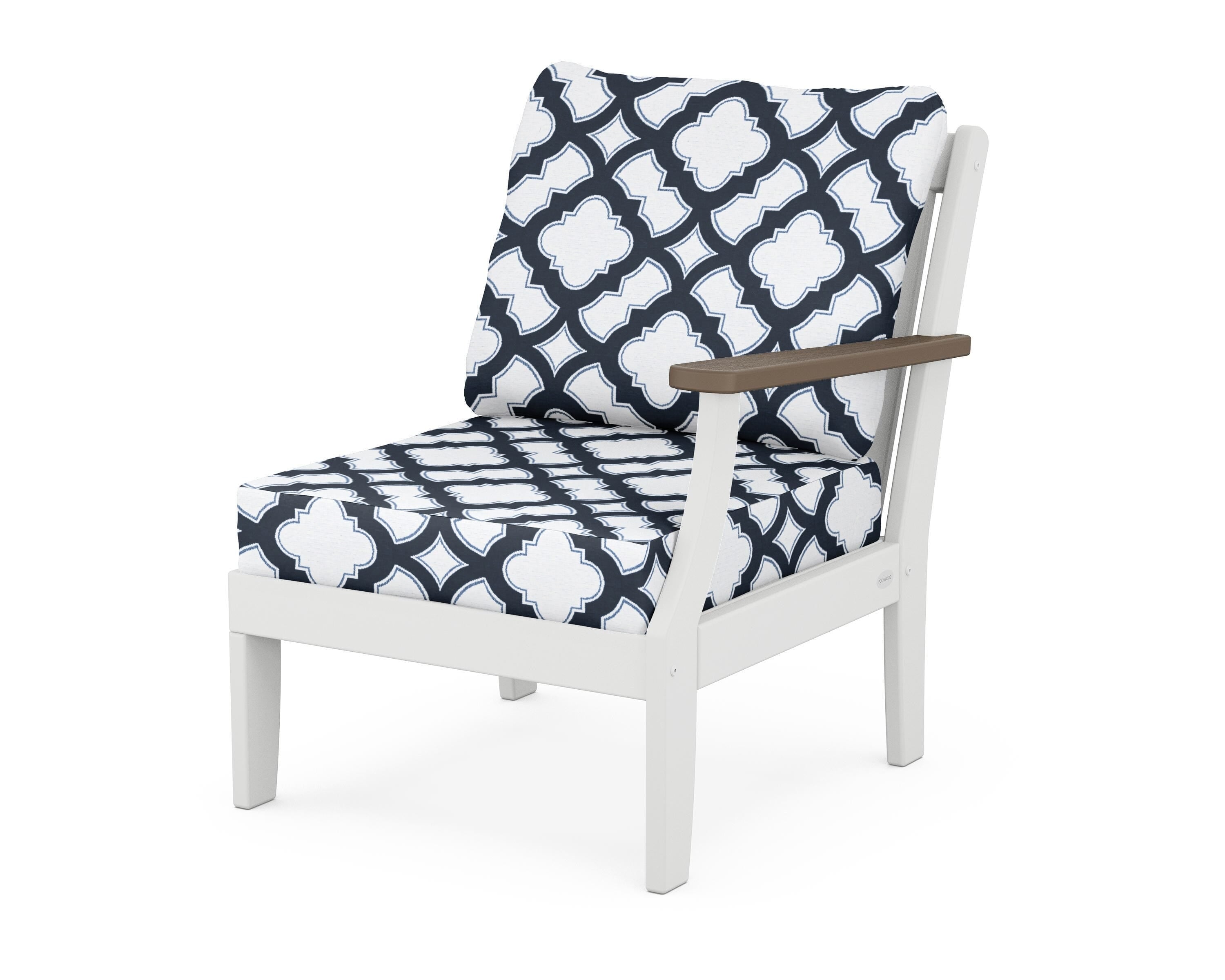 POLYWOOD® Braxton Modular Right Arm Chair in White / Kona / Trellis Marine Indigo