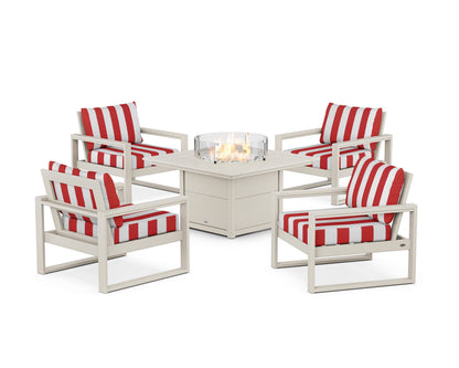 POLYWOOD® EDGE Sectional 5-Piece Deep Seating Set with Fire Pit Table in Sand / Cabana Stripe Crimson