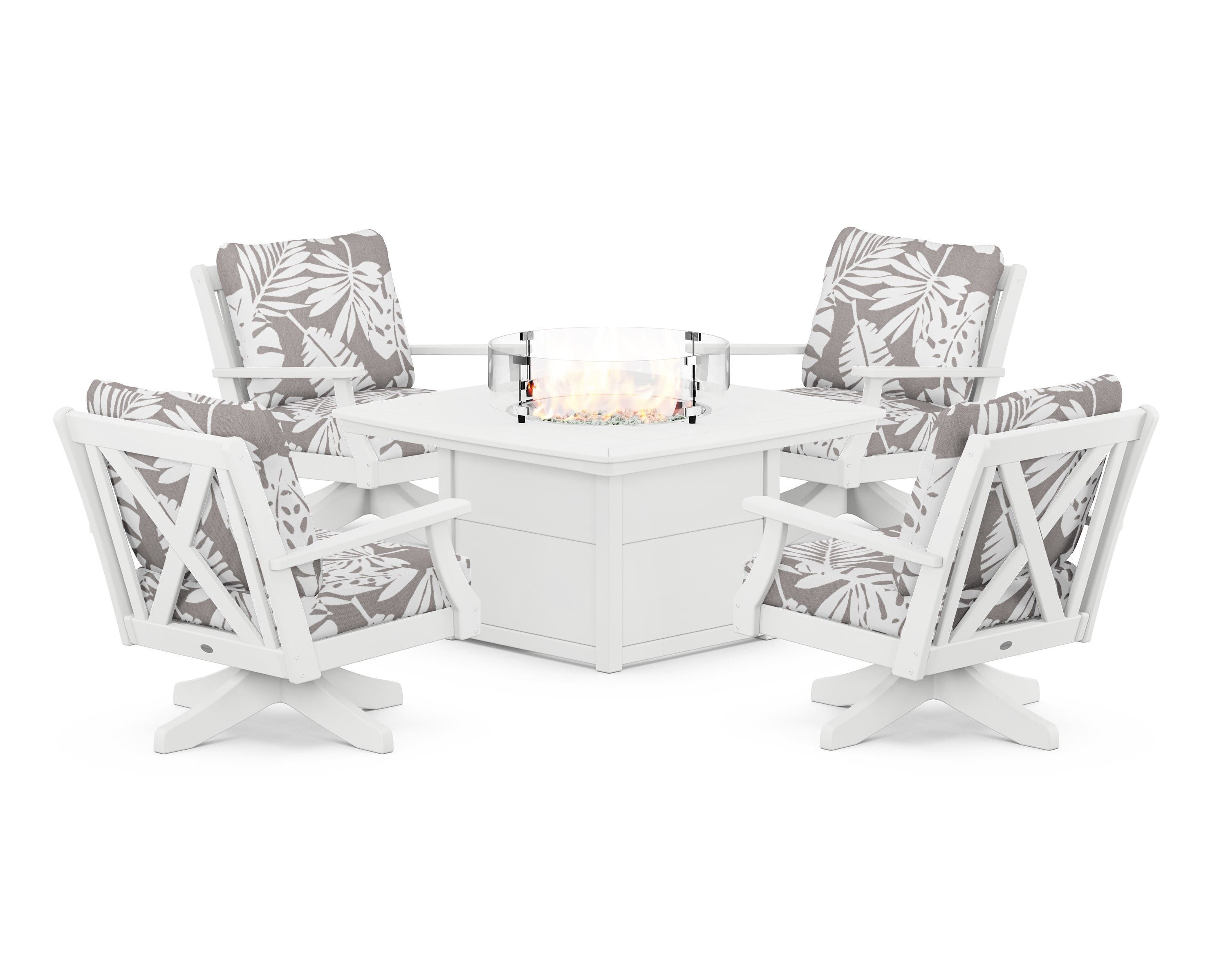 POLYWOOD® Braxton 5-Piece Deep Seating Swivel Conversation Set with Fire Pit Table in White / Leaf Grey Mist