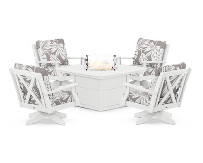 POLYWOOD® Braxton 5-Piece Deep Seating Swivel Conversation Set with Fire Pit Table in White / Leaf Grey Mist