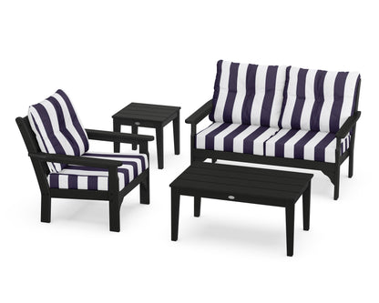 POLYWOOD® Vineyard 4-Piece Deep Seating Set in Black / Cabana Stripe Navy