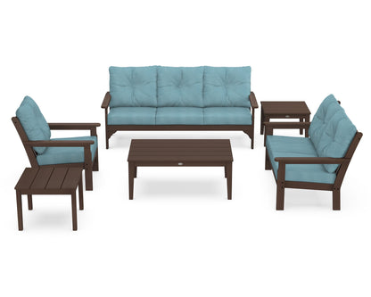 POLYWOOD® Vineyard 6-Piece Deep Seating Set in Mahogany / Lattice Sky Blue