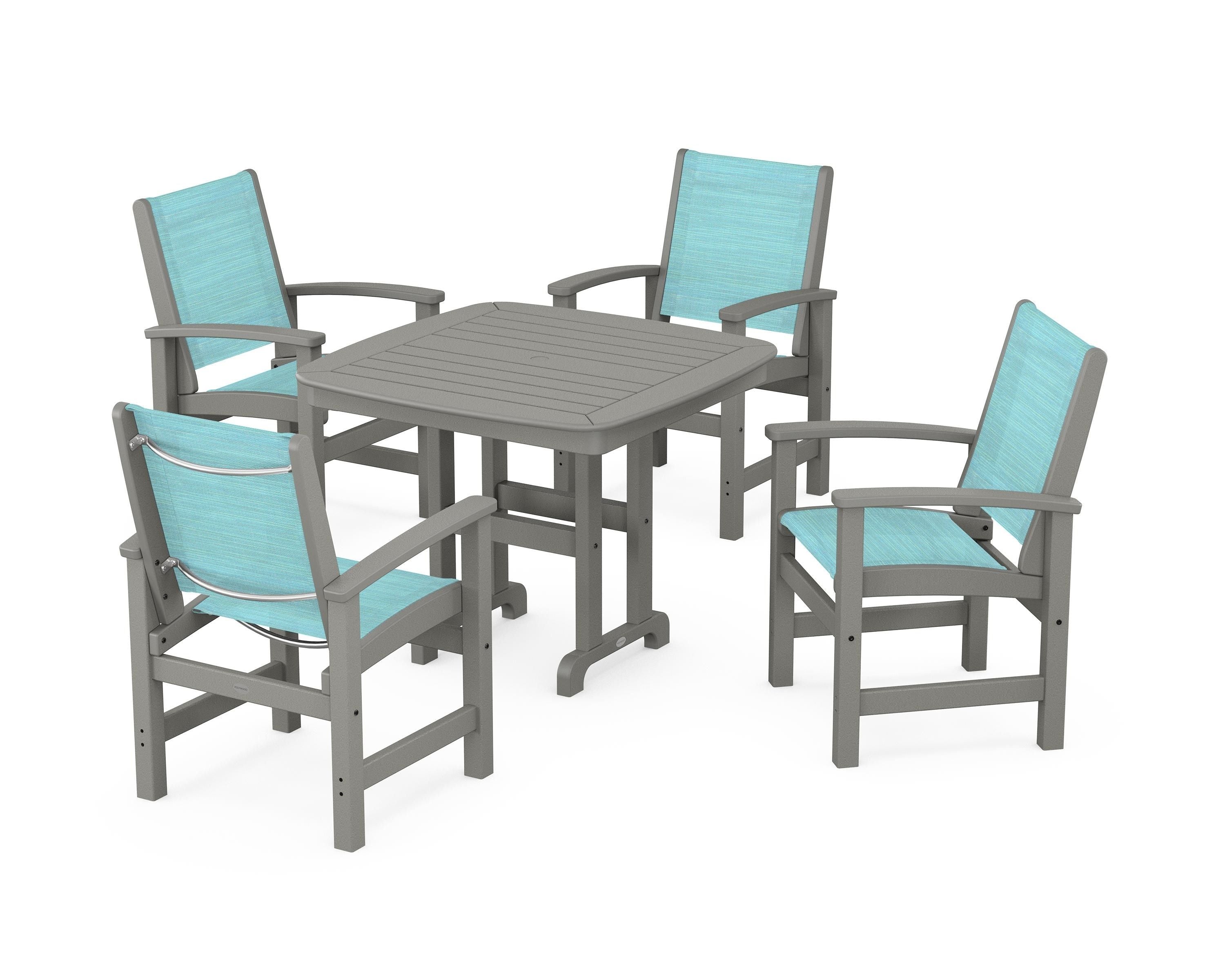 POLYWOOD® Coastal 5-Piece Dining Set in Slate Grey / Dupioni Aquamarine Sling