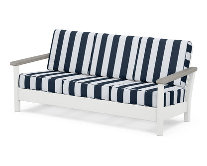 POLYWOOD® Harbour Deep Seating Sofa in White / Driftwood / Cabana Stripe Marine Indigo