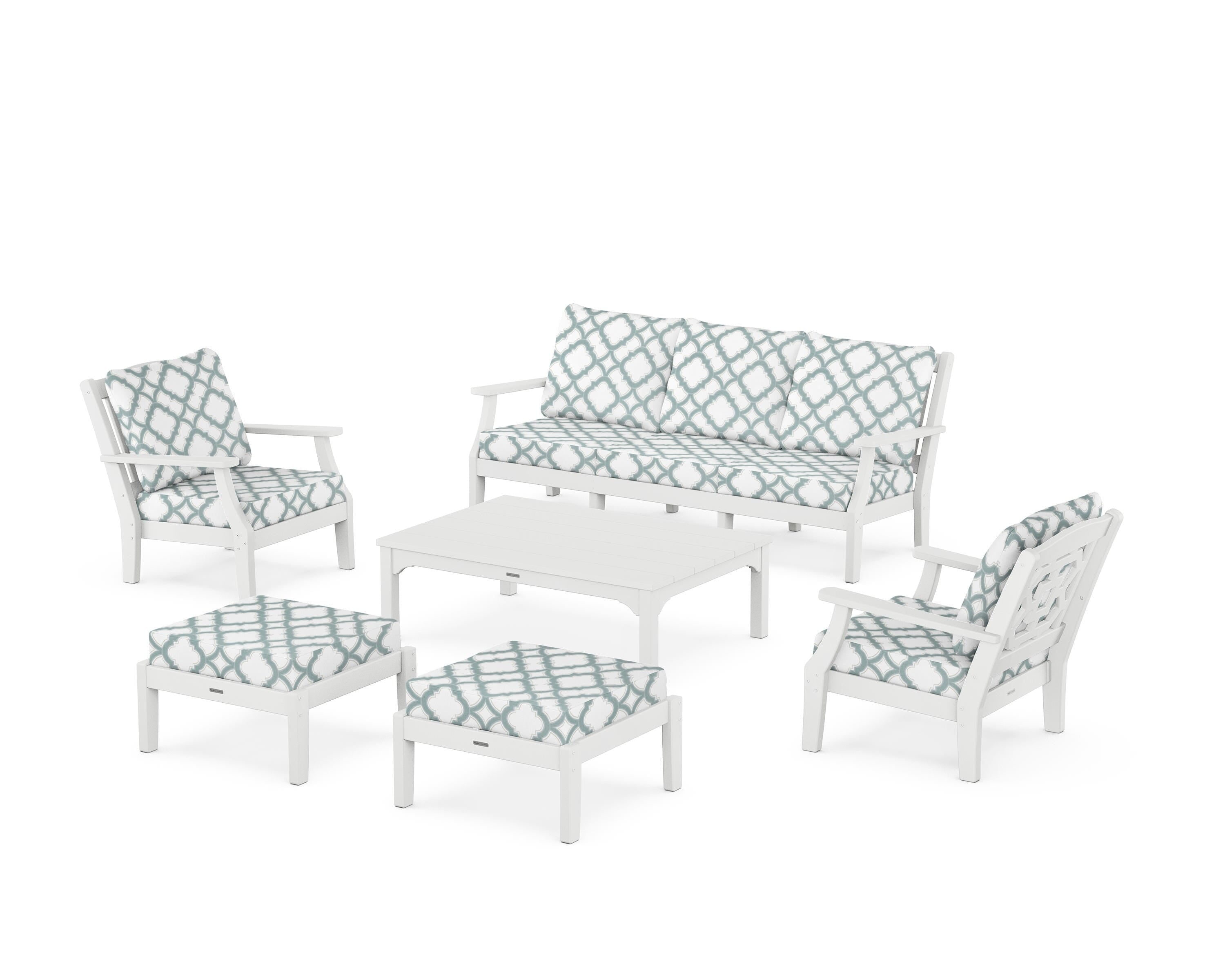 Martha Stewart by POLYWOOD® Chinoiserie 6-Piece Lounge Sofa Set in White / Trellis Glacier Spa
