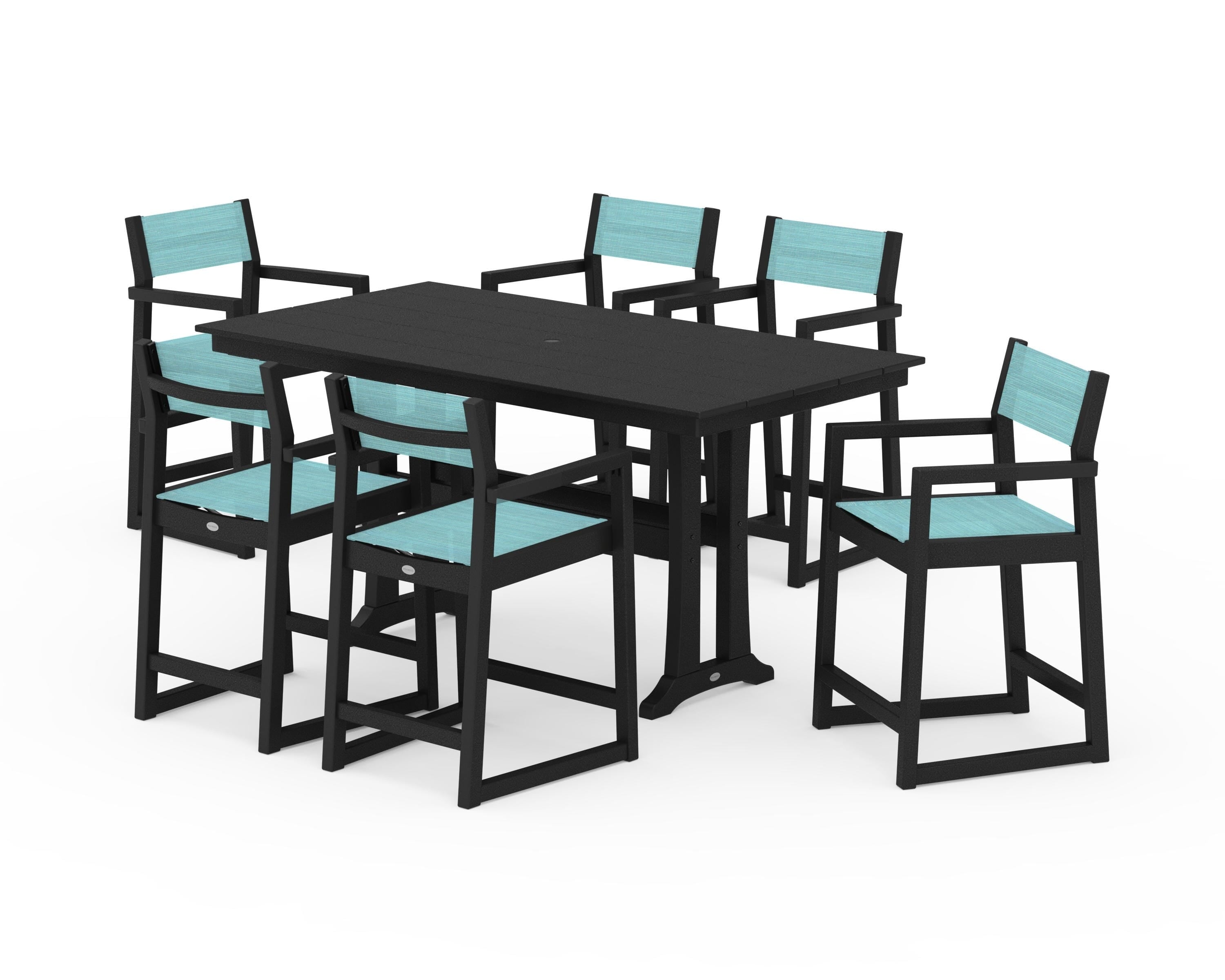 POLYWOOD® EDGE Sling Arm Chair 7-Piece Farmhouse Counter Set with Trestle Legs in Black / Dupioni Aquamarine Sling
