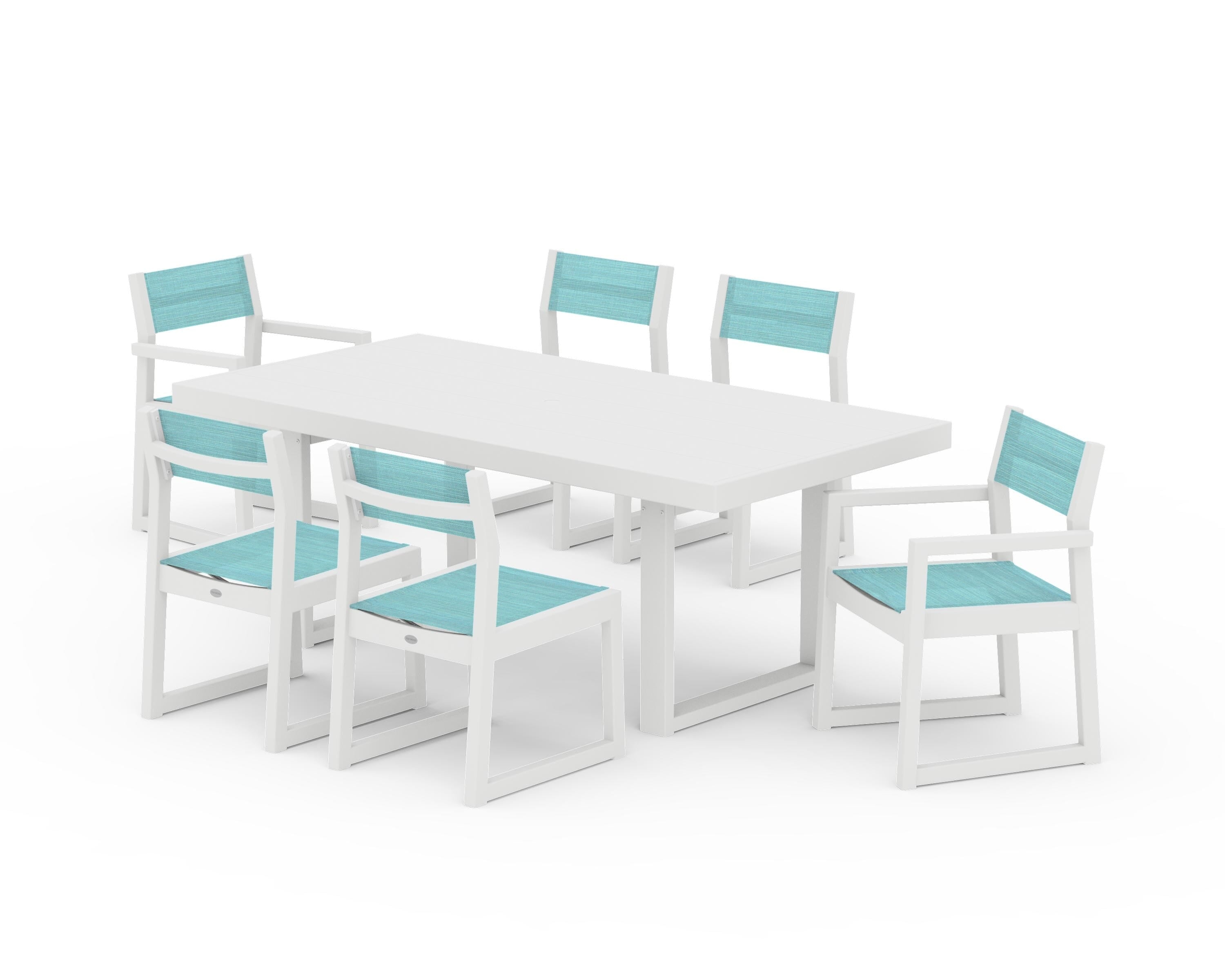 POLYWOOD® EDGE Sling 7-Piece Dining Set in White / Dupioni Aquamarine Sling