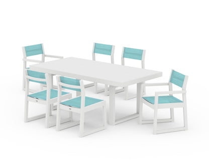 POLYWOOD® EDGE Sling 7-Piece Dining Set in White / Dupioni Aquamarine Sling