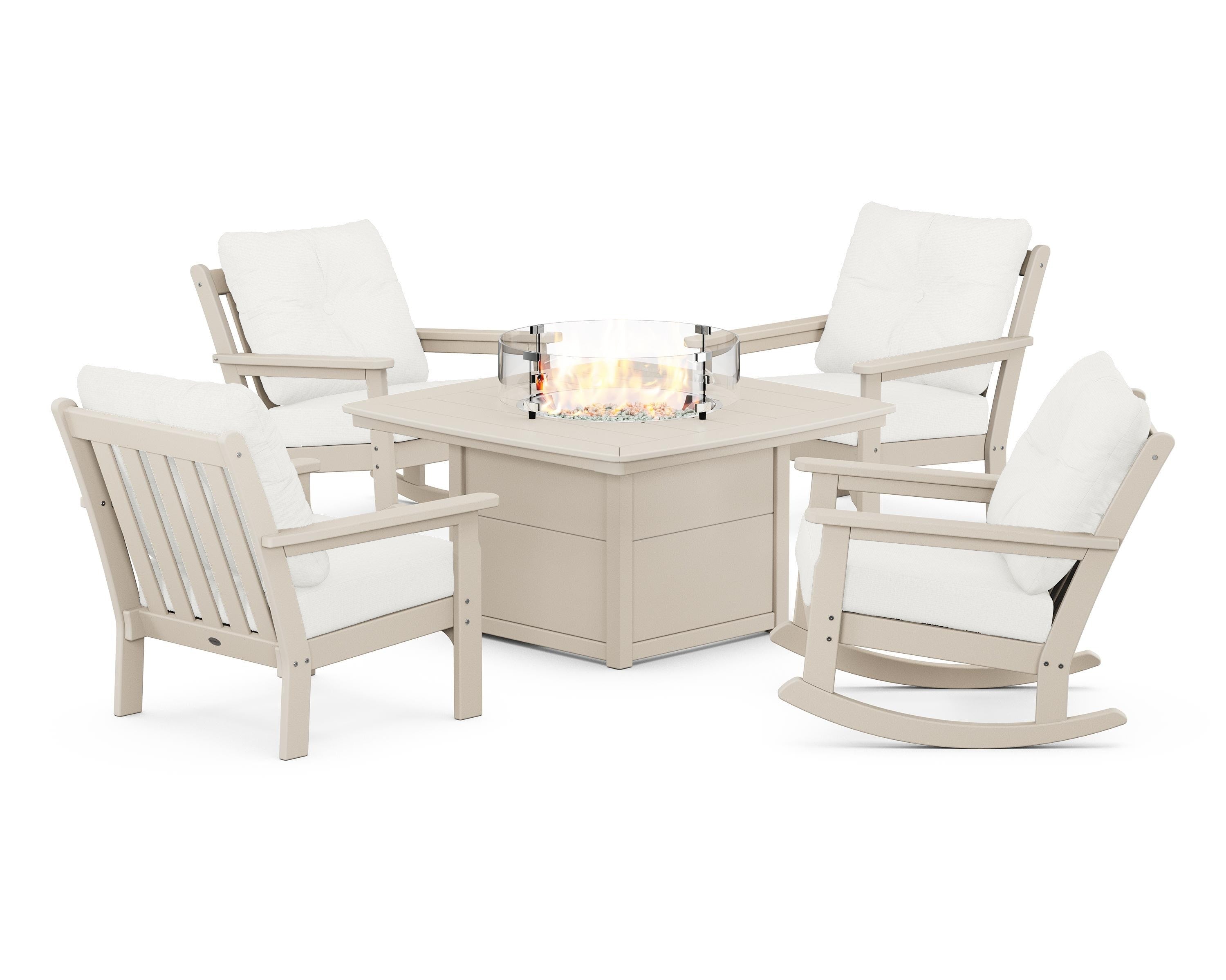 POLYWOOD® Vineyard 5-Piece Deep Seating Rocking Chair Conversation Set with Fire Pit Table in Sand / Natural Linen