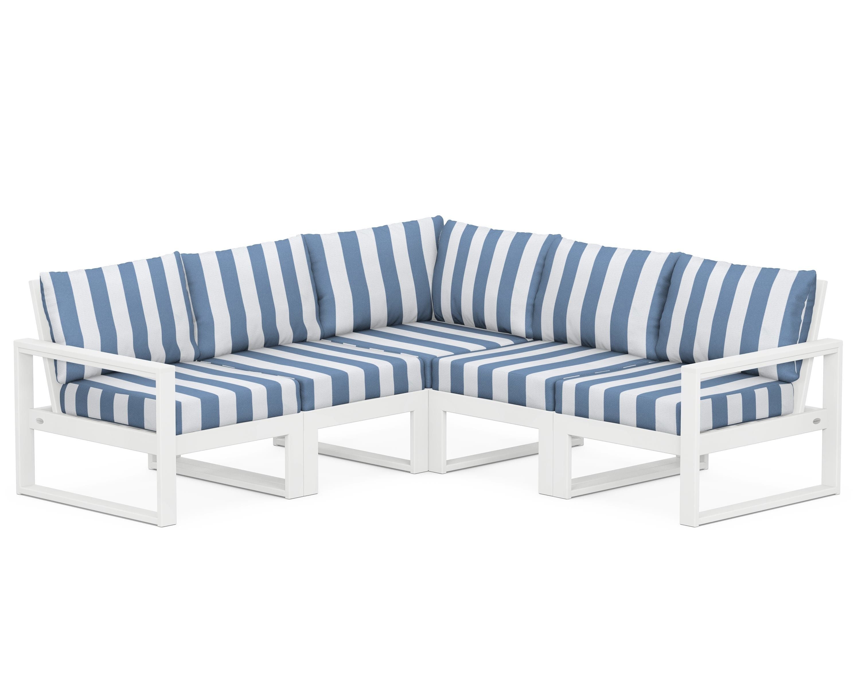POLYWOOD® EDGE 5-Piece Modular Deep Seating Set in White / Cabana Stripe Sky Blue