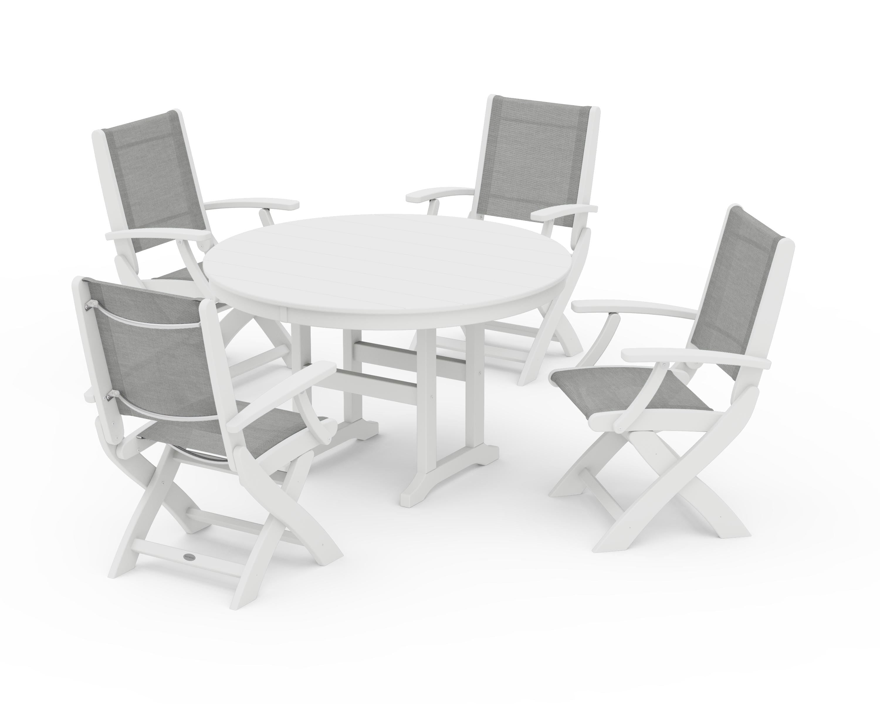 POLYWOOD® Coastal Folding Chair 5-Piece Round Dining Set in White / Metallic Sling