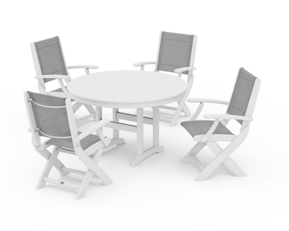 POLYWOOD® Coastal Folding Chair 5-Piece Round Dining Set in White / Metallic Sling