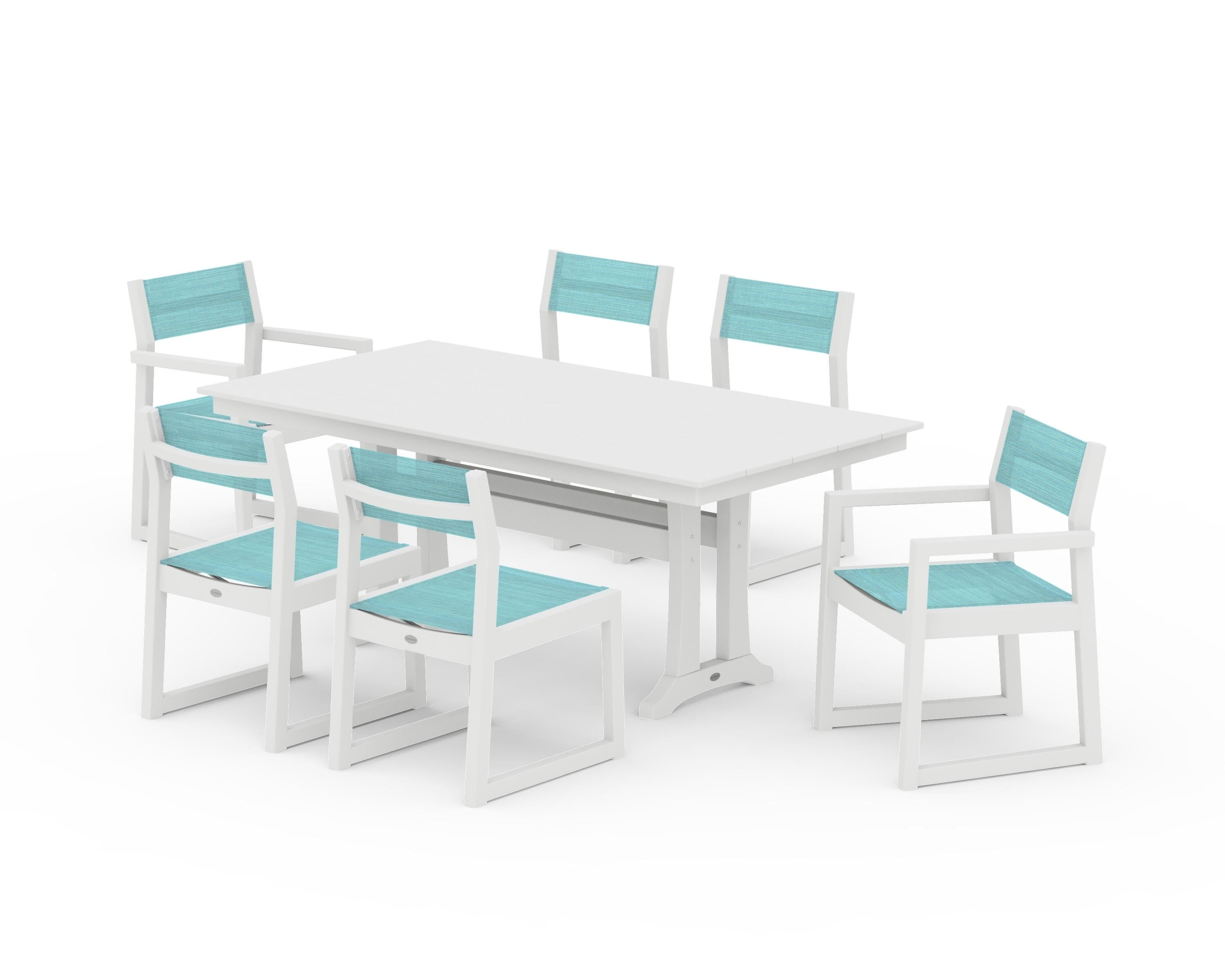 POLYWOOD® EDGE Sling 7-Piece Farmhouse Trestle Dining Set in White / Dupioni Aquamarine Sling