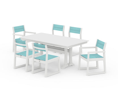 POLYWOOD® EDGE Sling 7-Piece Farmhouse Trestle Dining Set in White / Dupioni Aquamarine Sling