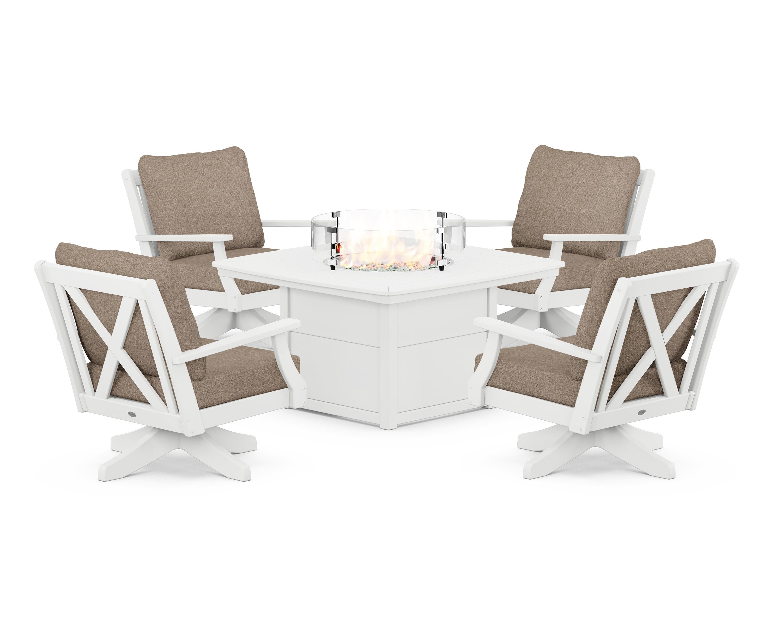POLYWOOD® Braxton 5-Piece Deep Seating Swivel Conversation Set with Fire Pit Table in White / Spiced Burlap