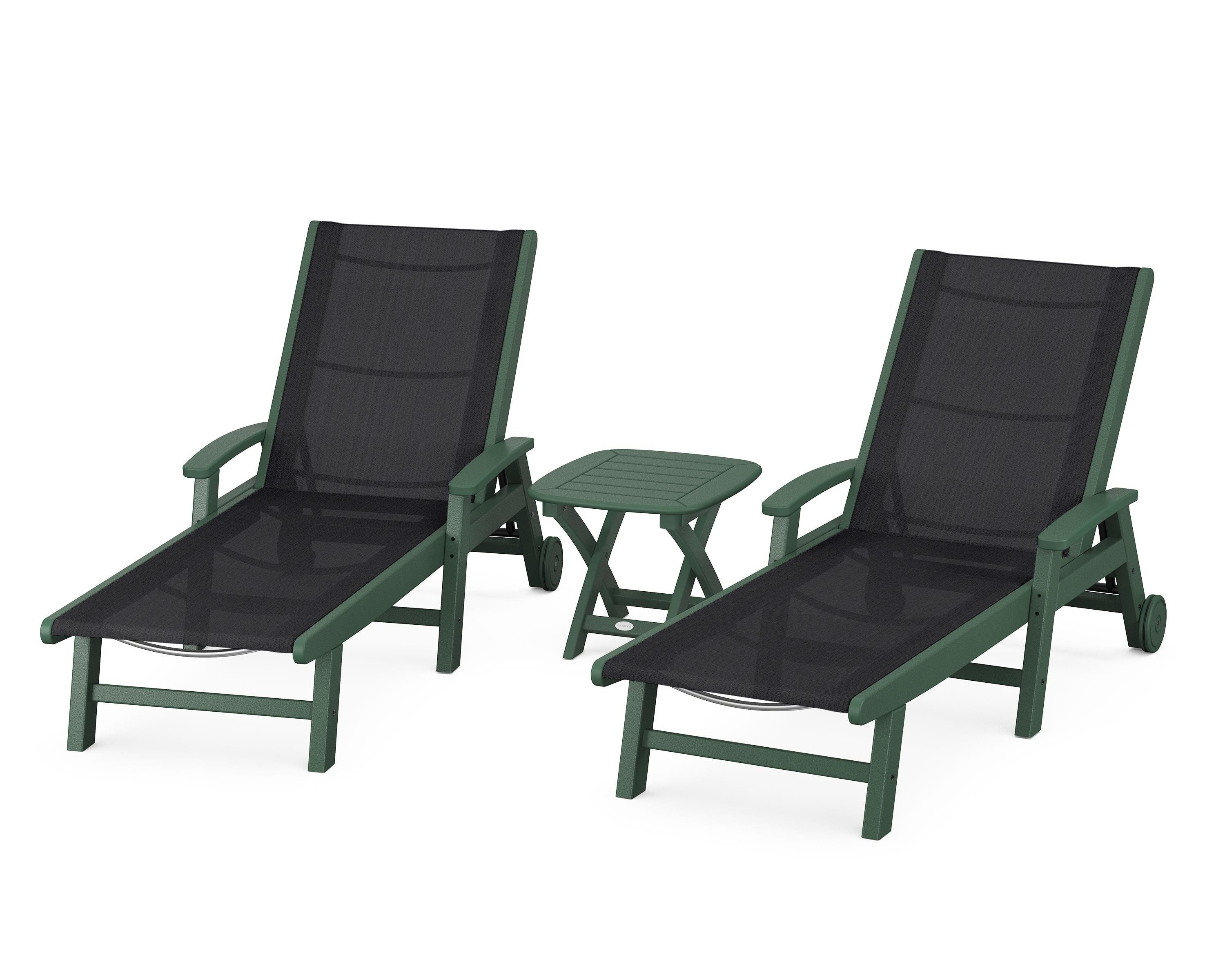 POLYWOOD® Coastal 3-Piece Wheeled Chaise Set in Green / Black Sling