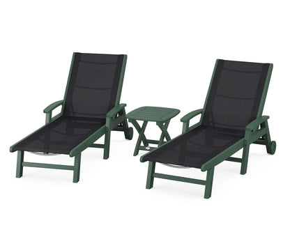 POLYWOOD® Coastal 3-Piece Wheeled Chaise Set in Green / Black Sling