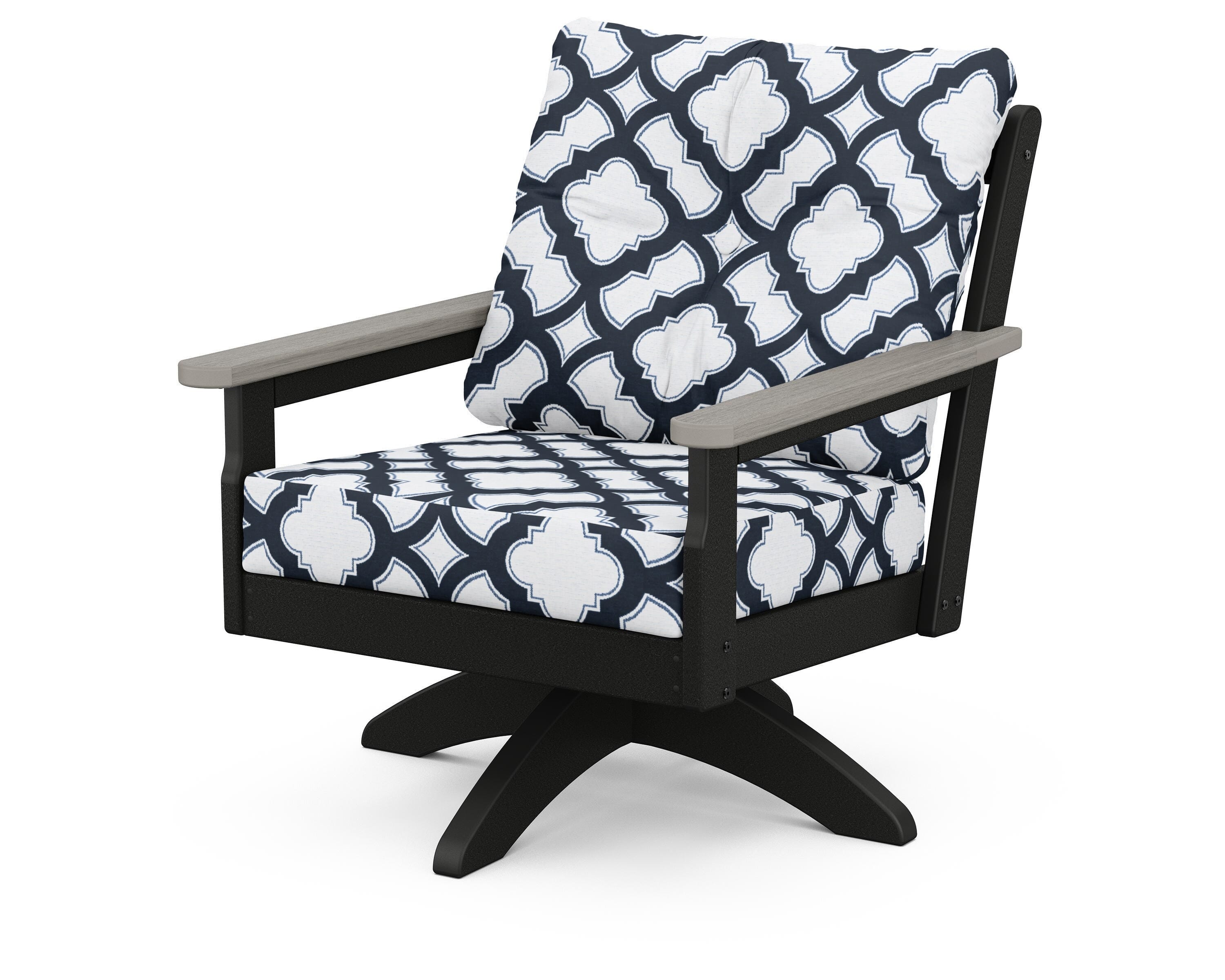 POLYWOOD® Vineyard Deep Seating Swivel Chair in Black / Driftwood / Trellis Marine Indigo