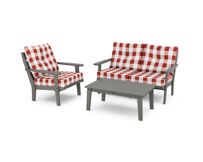 POLYWOOD® Lakeside 3-Piece Deep Seating Set in Slate Grey / Buffalo Plaid Crimson