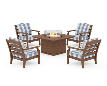 Draper James™ by  POLYWOOD® Savannah 5-Piece Deep Seating Set with Fire Pit Table in Teak / Buffalo Plaid Sky Blue