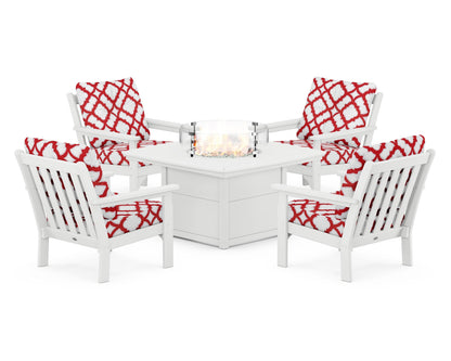 POLYWOOD® Vineyard 5-Piece Conversation Set with Fire Pit Table in White / Trellis Crimson