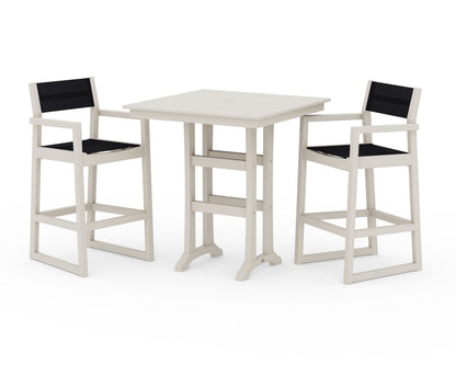POLYWOOD® EDGE Sling Arm Chair 3-Piece Farmhouse Bar Set with Trestle Legs in Sand / Black Sling