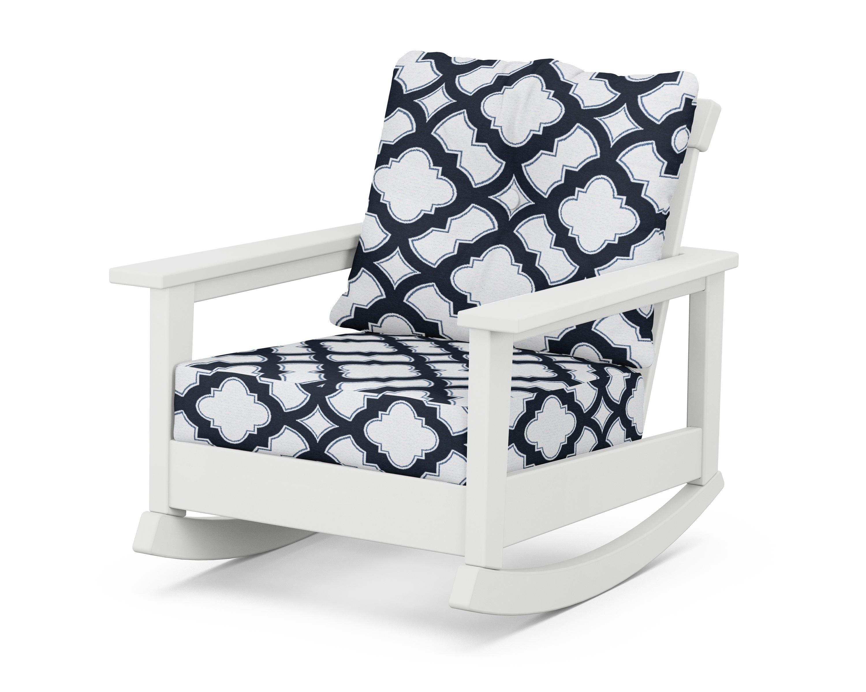 POLYWOOD® Prescott Deep Seating Rocking Chair in White / Trellis Marine Indigo