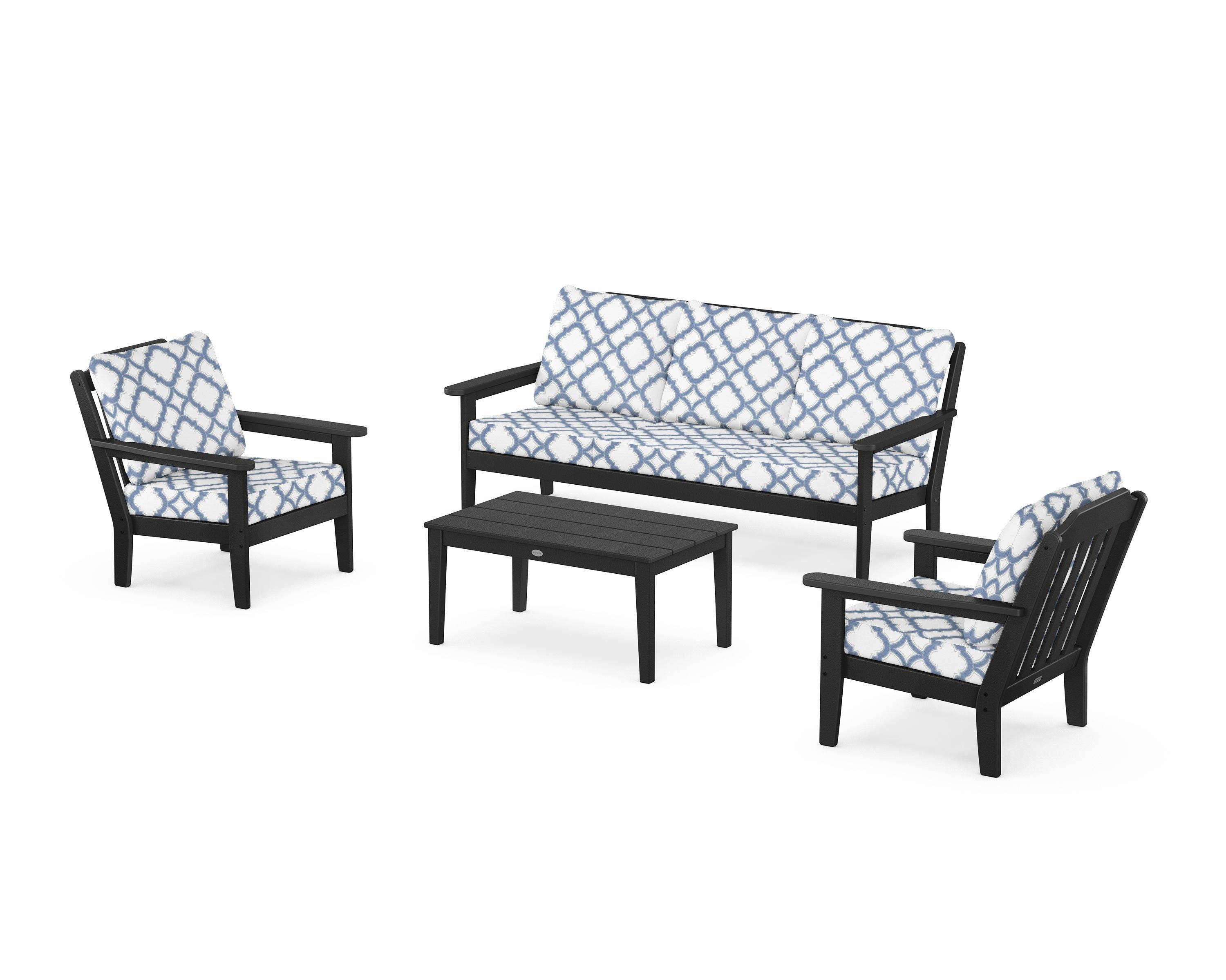 Country Living Cottage 4-Piece Deep Seating Set with Sofa in Black / Trellis Sky Blue