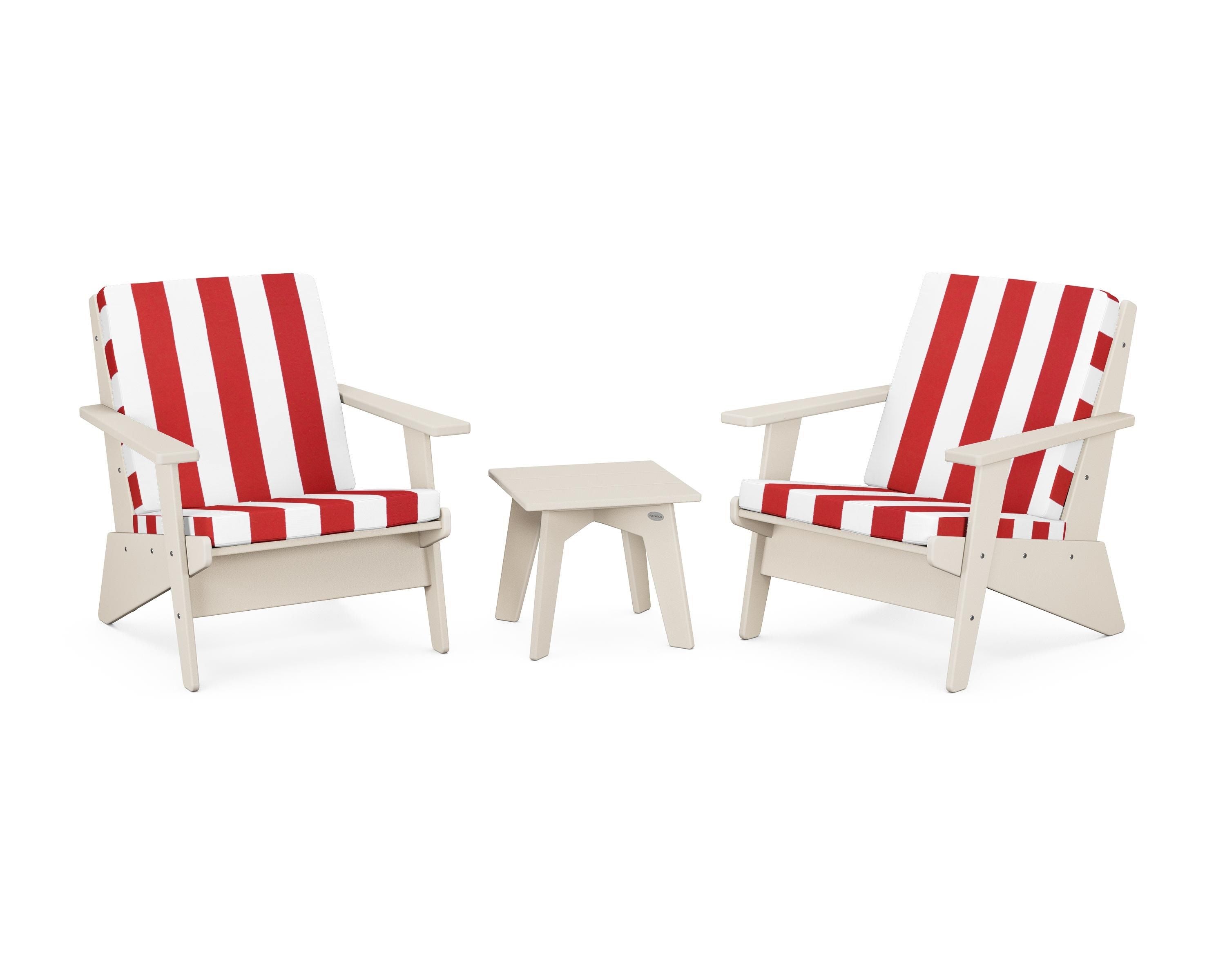 POLYWOOD® Riviera Modern Lounge 3-Piece Set in Sand / Cabana Stripe Crimson
