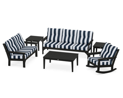 POLYWOOD® Vineyard 6-Piece Deep Seating Set in Black / Cabana Stripe Marine Indigo