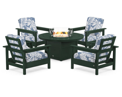 POLYWOOD® Club 5-Piece Conversation Set with Fire Pit Table in Green / Leaf Sky Blue