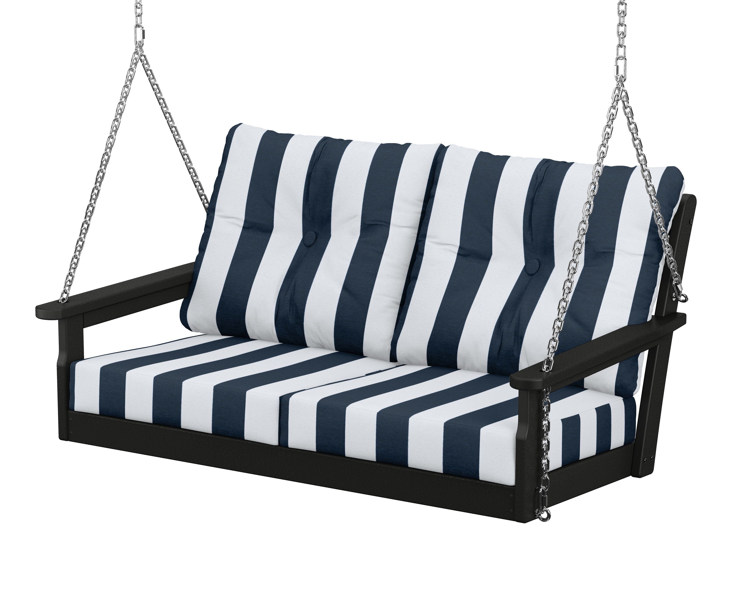 POLYWOOD® Vineyard Deep Seating Swing in Black / Cabana Stripe Marine Indigo