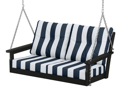 POLYWOOD® Vineyard Deep Seating Swing in Black / Cabana Stripe Marine Indigo