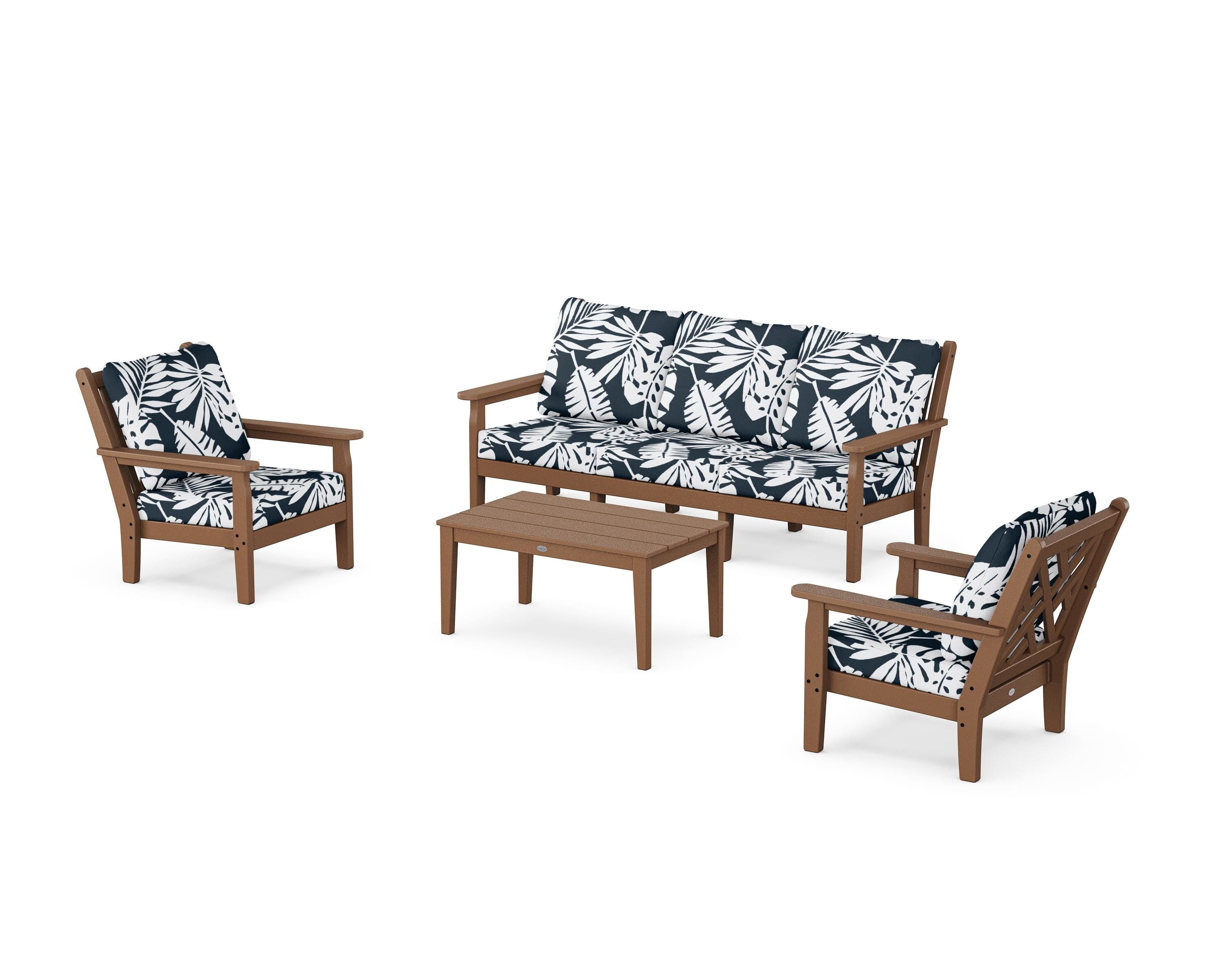 POLYWOOD® Chippendale 4-Piece Deep Seating Set with Sofa in Teak / Leaf Marine Indigo