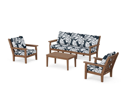 POLYWOOD® Chippendale 4-Piece Deep Seating Set with Sofa in Teak / Leaf Marine Indigo