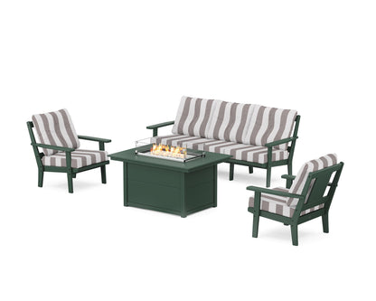 POLYWOOD® Prairie Deep Seating Fire Pit Table Set in Green / Cabana Stripe Grey Mist