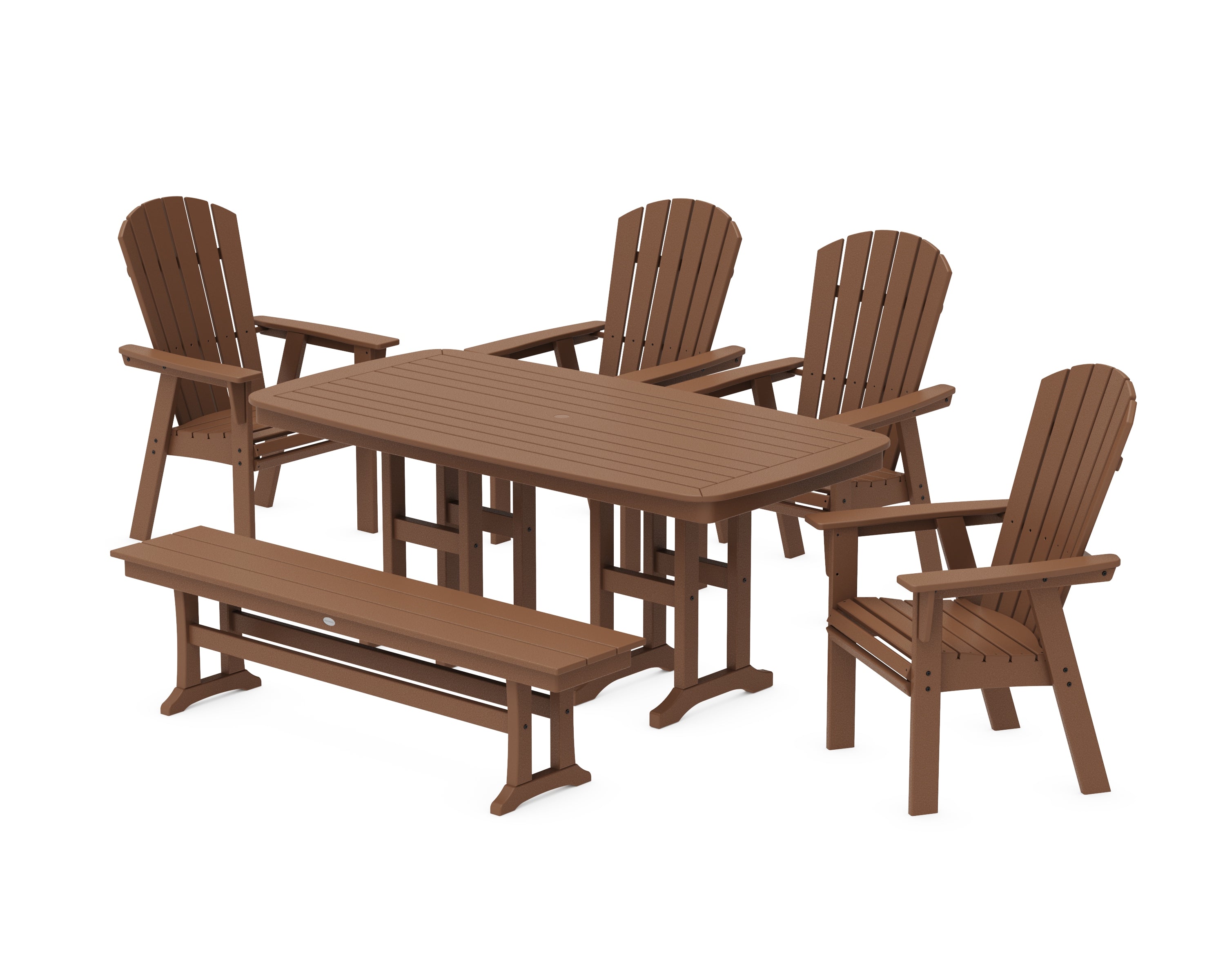 POLYWOOD® Nautical Curveback Adirondack 6-Piece Dining Set with Bench in Teak