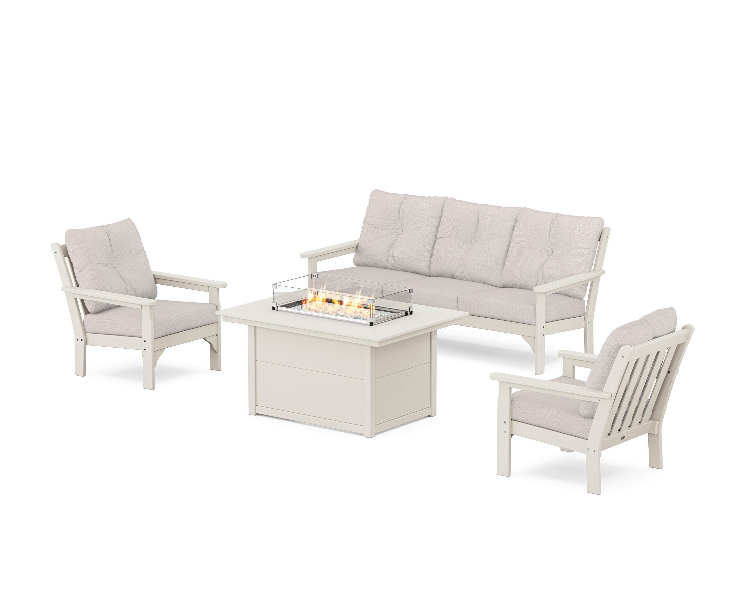POLYWOOD® Vineyard Deep Seating Fire Pit Table Set in Sand / Dune Burlap